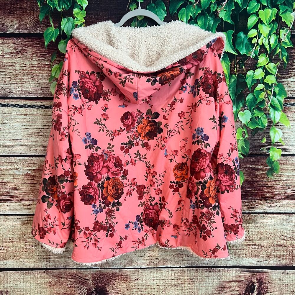 Urban Outfitters Inspired Beatriz Fuzzy Reversible Coat Jacket L Floral Fleece - Picture 3 of 11